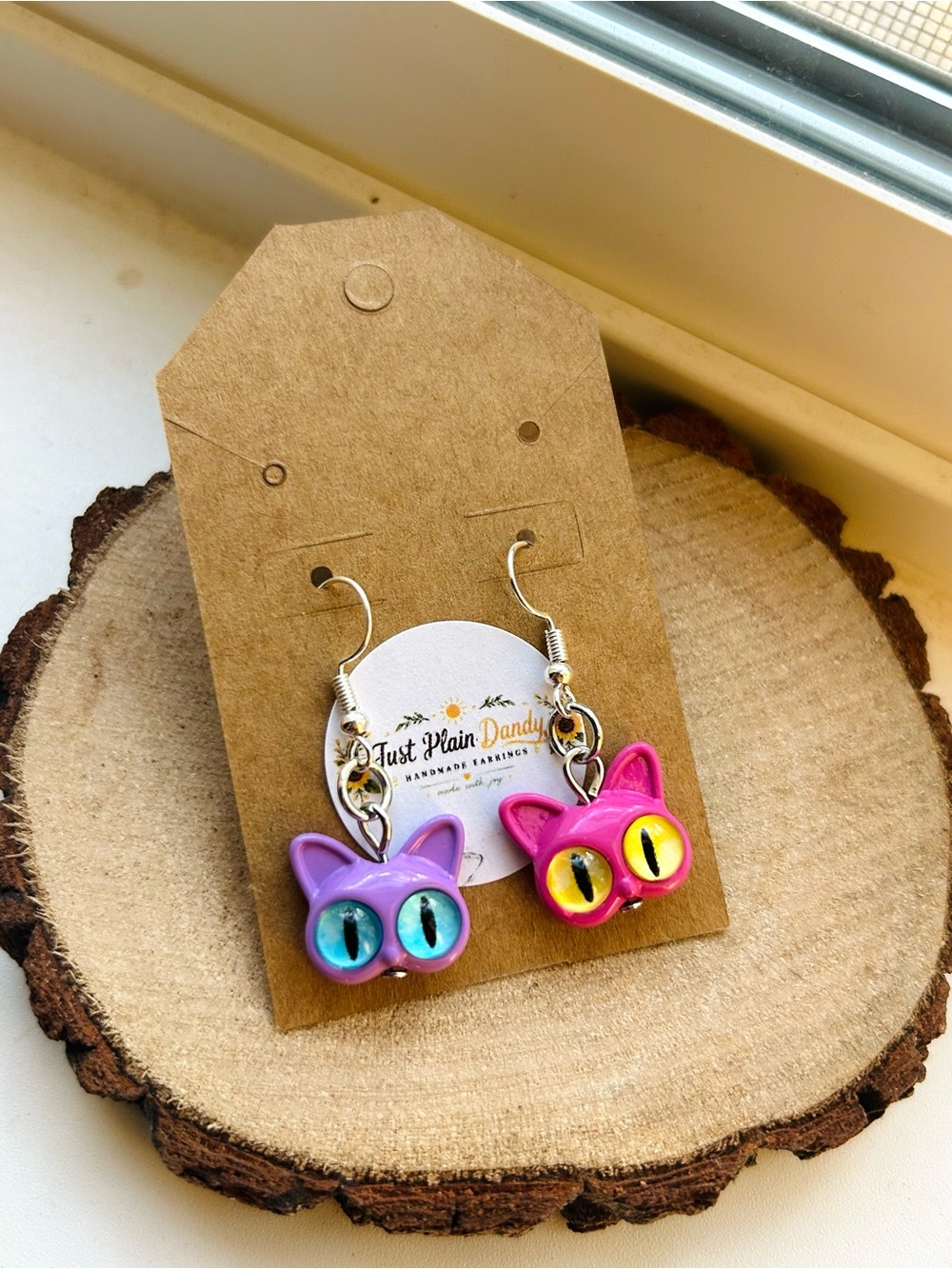 Mismatched Cat Earrings Purple Pink Kitty Dangle Earrings | Cat Lover Handmade
